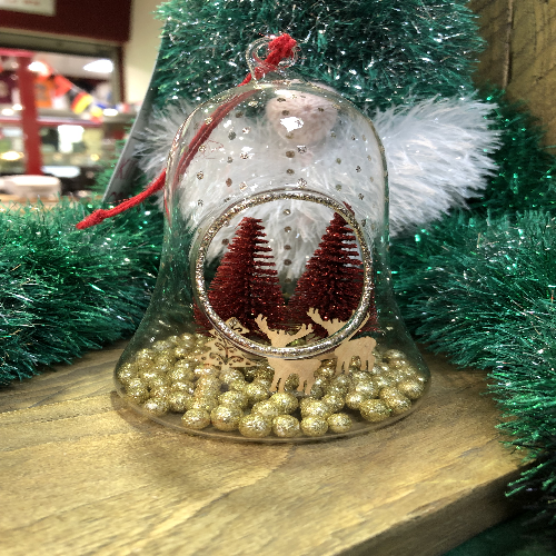 Glass Bell Bauble Red Tree/Deers - Click Image to Close